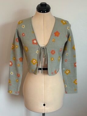Princess Polly As Seen On TV Green Retro Floral Long Sleeve Tie Sweater Top, M/L